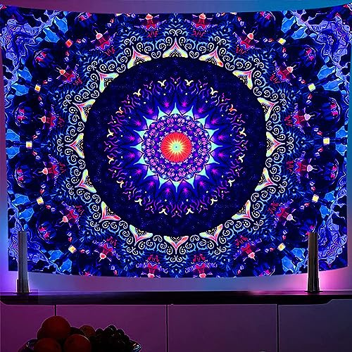 OSVINO Schwarzlicht Trippy Wandteppich Mandala 130x150CM UV-reaktiv Fantasie Tapisserie Ästhetisches Wanddeko für Wohnzimmer Schlafzimmer Boho Wandbehang