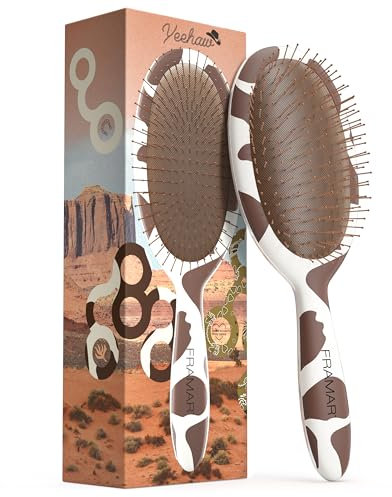 FRAMAR Spazzola Capelli Rettangolare per Donne e Uomini – Spazzola Districante per Capelli Bagnati e Asciutti – Wet Brush - Motivo Mucca