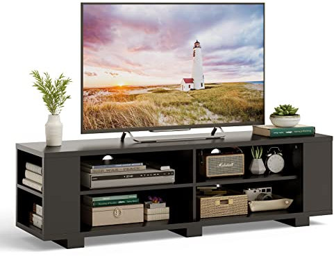 KOMFOTTEU Mobile TV Soggiorno Fino a 65, Altezza Regolabile, in Legno Con 4 Scomparti Aperti, Basso Moderno, Multifunzione, 150 x 39 x 45 cm (Nero)