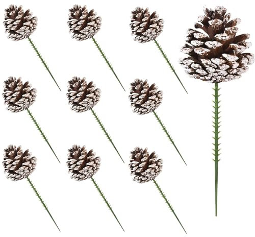 Ompinda Christmas Pinecones Picks, 10 Pcs Natural Snow Pine Cone with 6.8 Inch Green Wired Stems White Winter Holiday Ornament for DIY Christmas Tree Home Party Decoration Supplies