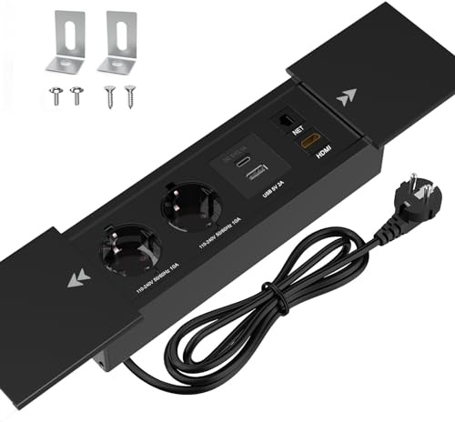 CHENGPI Presa a Scomparsa da Incasso,Presa da Incasso con 2 Prese,1 USB,1 Type C PD18W,Interfaccia di Rete HDMI TD,Presa da Incasso da Tavolo in Alluminio per Ufficio Cucina, 1.8M Cavo
