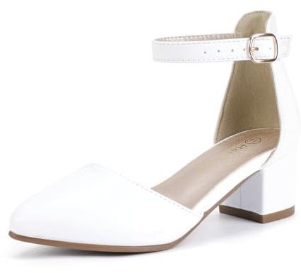 Hehainom Girls Dress Shoes High Heels Sandals Ankle Strap Flower Girl Little Big Kid Mary Jane Wedding Party Communion Mily Pump Shoes Size 4, White Pu