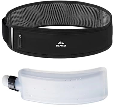 SENIKO Laufgürtel, Trinkflasche, Bauchtasche, Wasserflaschenhalter, Reißverschluss, Hüfttasche, passend für die meisten Handys, Zerobounce-Design für Radfahren, Klettern, Marathon, Schwarz, 25-43.5