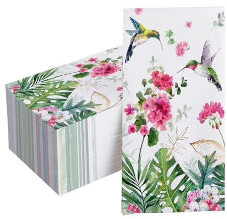 Tailus 100 PCS Spring Summer Hummingbird Paper Napkins, Geranium Flower Palm Leaves Hand Towels Decorative Disposable Dinner Guest Napkins, Monstera Kitchen Dinning Table Party Decor 8 x 4 Inch