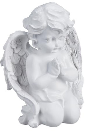 Relaxdays Statuetta Angelo Seduto in Preghiera, Statua Commemorativa Resistente al Gelo per Giardino, Poliresina, Bianco
