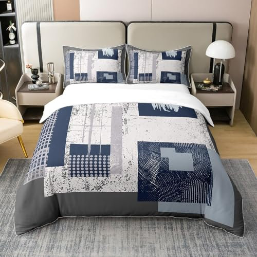 Homewish Parure de Lit 200x200 Gris Bleu Housse de Couette Geometrique pour Ado Garcon Fille, Linge de Lit et Oreillers Imprimé À Carreaux, Ensemble de Literie Douceur Chaude Coton