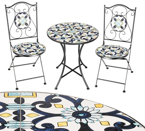 BAKAJI Juego de mesa de 60 x 70 cm + 2 sillas plegables con decoración de mosaico, mesa resistente que ahorra espacio para muebles de exterior, jardín, terraza, estructura de metal color negro (diseño