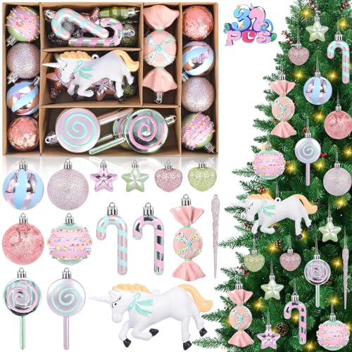 Weihnachtskugeln, 32er Set Christbaumschmuck, Weihnachtsbaumschmuck mit Umhängeband, Christbaumkugeln Kunststoff, Enthält Einhorn, Zauberstock, Lutscher, für Weihnachten Hochzeit Partydekoration