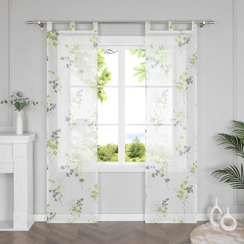 HeichkelL Schiebegardinen mit Blätter Transparent Gardinen 2er Set Schiebevorhänge Bedruckte Flächenvorhänge mit Schlaufen Grün BxH 57x145 cm