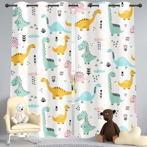 SHROUDEX Kinder Vorhang Blickdicht Thermovorhang Dinosaurier Muster Gardinen Wohnzimmer Vorhänge Dinosaurier-Vorhänge Tiere Wildtiere Dino Druck Muster Gardinen (6,100×140BxH (50×140cm×2))