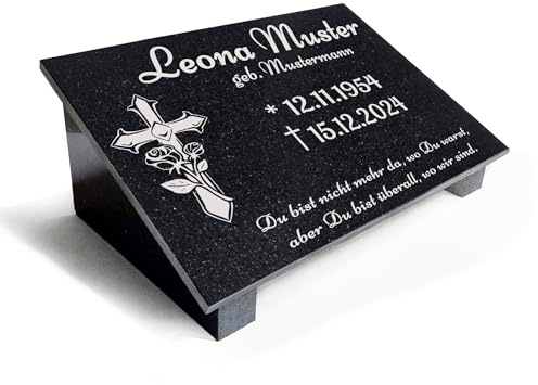 GRABSTEIN aus Granit mit Personalisierung, poliert, gefaste Kanten. Geeignet als Urnengrabstein | Grabplatte | Gedenktafel | Urnenliegestein. D01 (30x20cm mit Stützen)
