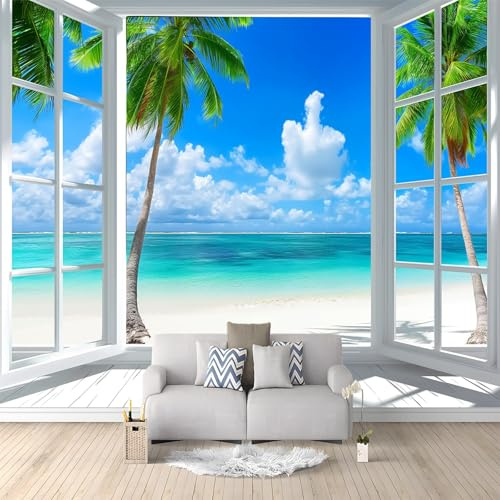 Papel Pintado Panorámico Mar Paisaje Marino Ventanas Tropicales 200x140 cm Fotomurales No Tejido, Murales Decoración de Pared, Póster Pared Personalizado 3D Para Salón Dormitorio