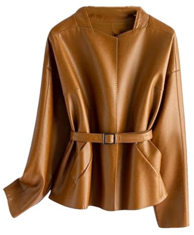 Kurze Damen-Jacke aus Schaffell, langärmelig, Stehkragen, Reißverschluss, Mäntel, Schnürgürtel, Lederjacken, braun, M