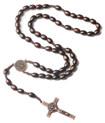 BDEPSTR Collar rosario cruz católico, cuentas de oración de madera natural con medalla cruz Jesucristo San Benito, para cristianos católicos Comunión religiosa, Bautismo, Misa, Biblia
