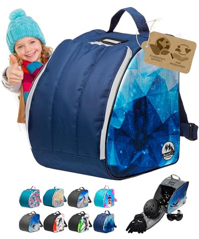 BambiniWelt by Rafael K. Kinder Skistiefeltasche [Ski-Schuh-Tasche für Kinder] Skiboots Rucksack integrierte Standfläche Platz für Boots Helm Skibrille Handschuhe Kinder-Skischuhrucksack