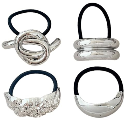 4 PCS Gomas para el cabello para mujeres, Gomas para el cabello de metal, Soporte para lazos para el cabello para cabello gótico punk, Cuerda elástica para el cabello adecuada, Plata