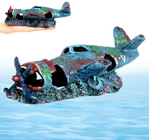 WIYETY Ornamenti per acquario, aereo artificiale, relitto, aereo, grotta di montagna, accessori per acquario, aereo, relitto, paesaggio in poliresina, per serbatoio di pesce, acquario, stagno di
