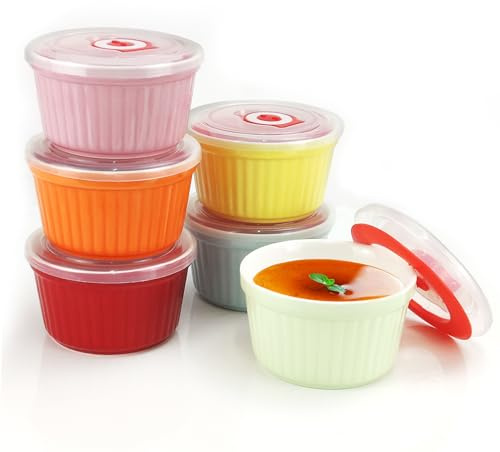 Ramekins with Lids 8 Oz - Set of 6, Ceramic Souffle Creme Brulee Ramekins with Covers, Colorful Custard Cups for Baking, Ceramic Custard Cups Safe and Dishwash Safe