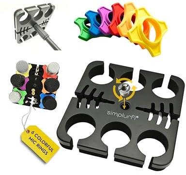 Multi Microphone Holder Cable Hanger & Organizer for Mic Stand - Square Tray Attachment holds up to 6 mics On Stage Organizer and Display - 6 Anti-roll Rings Included