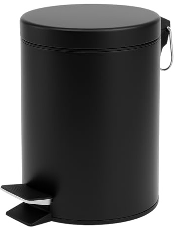 Solty – Papelera baño Negra 3L con Pedal Silencioso | Cubo basura Interior Extraíble y Tapa con Cierre Amortiguado | Acero Inoxidable Antióxido | Compacta y Elegante para WC, Lavabo o Aseo Moderno