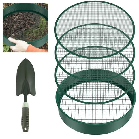 OROMYO Setaccio da giardino rotondo, 4 in 1, 30 cm, in acciaio inox, con 4 setacci intercambiabili e pala da giardino, setaccio da gettare, per terra, compost, sementi, sabbia