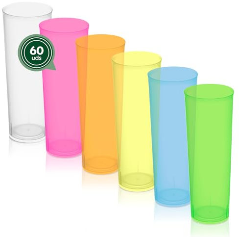 Maxi Products - Lot de 60 gobelets en plastique réutilisables multicolores - 300 cc - Verres recyclables - Verres Cubata - Fêtes, événements et célébrations - Verre pour cubata incassable - Gobelet