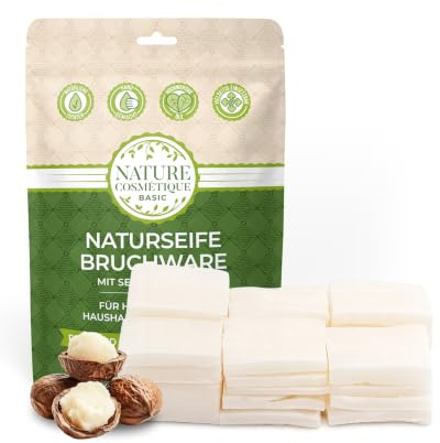 Nature Cosmétique® Basic Naturseife Bruchseife SHEA mit Seifensäckchen (duftfrei) – BIO-Seife fest, vegan, palmölfrei, plastikfrei, hautschonende Handseife & Duschseife – Geschenk Männer/Damen