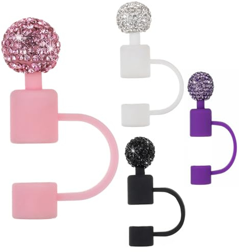 iLulala 4pcs Bling Straw Cover Topper for Stanley Cup, Rhinestone 10mm Straw Cap for Stanley 30&40 Oz Tumblers for Water Bottle Accessories. (White/Pink/Black/Purple)