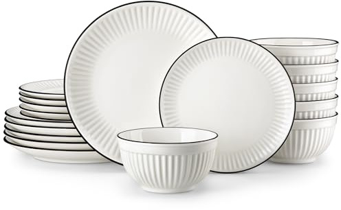 MALACASA 18-Piece Embossed Porcelain Dinner Set for 6, Includes Dinner Plates & Soup Bowls, Chip and Scratch Resistant, Microwave and Dishwasher Safe, Elegant White and Black Rim, Series Leila