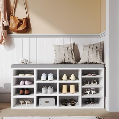 ELEGANT Shoe Storage Bench with Padded Seat & Cushion, White Shoe Cabinet, 14 Open Compartments, Adjustable Shelves, Hallway & Living Room Organiser, 104 x 30 x 48cm, Classic White