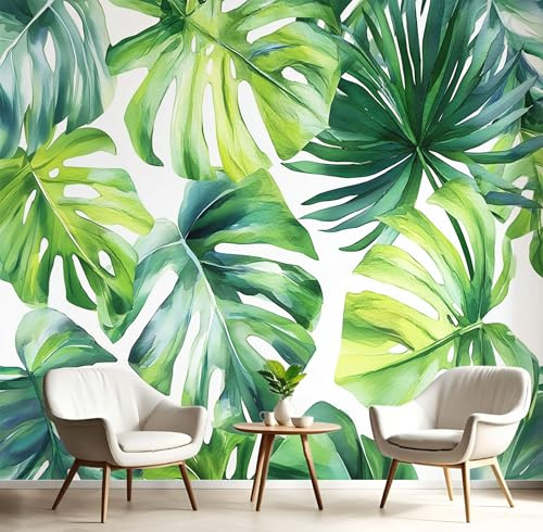 Carta Da Parati Effetto 3D Acquerello Monstera 300X210Cm Fotomurali Seta Verde Smeraldo, Decorazione Poster Arte Murale Piante Tropicali Per Casa Ufficio Camera Da Letto Soggiorno