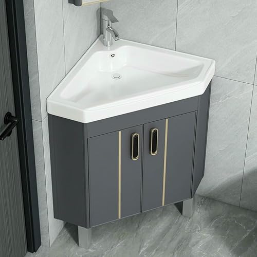 Lavandino da bagno ad angolo, lavandino a pavimento, lavandino angolare in ceramica con contenitore, armadietto da bagno, per piccoli spazi, appartamento singolo (56 cm / 22 pollici)
