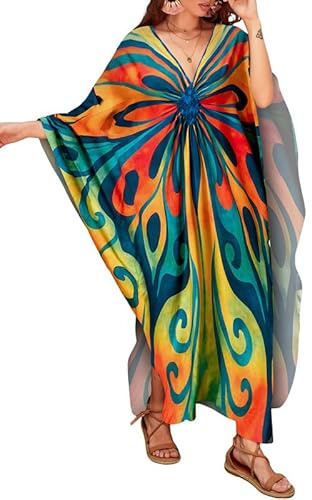 Bsubseach Dam enfärgad täcka upp v-ringad fladdermusärm plus size strand kaftan klänningar