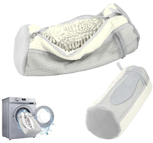 OWYELO 2Pcs Shoe Washing Machine Bag, 360° Cleaning Trainer Washing Machine Bag with Anti-Slip Zipper, Reusable Laundry Bags with Side Pockets for Insoles, for Washer & Dryer, White