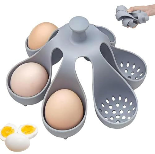 Silicone Egg Boiler Rack, Food Grade Heat-Resistant Egg Cooker, Egg Poacher Cups with Drainage & Handle, Flexible Washable Holder, for Kitchen Cooking Gadgets(Grey, 6 Holes)
