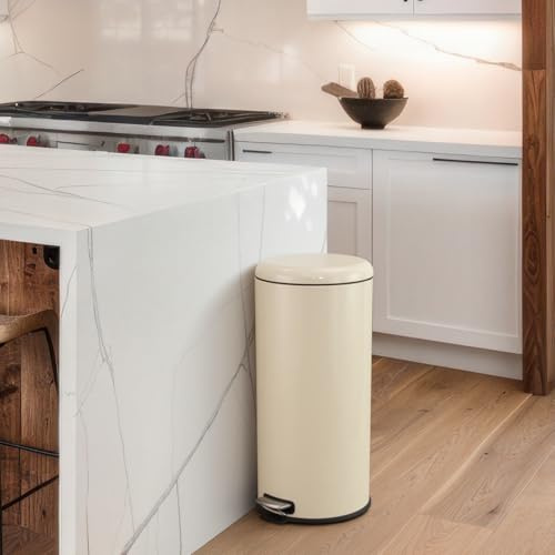 Panana 30L Large Round Kitchen Bin, Tall Slim Stainless Steel Cylindrical Pedal Bin,Retro Style Bins for Kitchen (Cream)