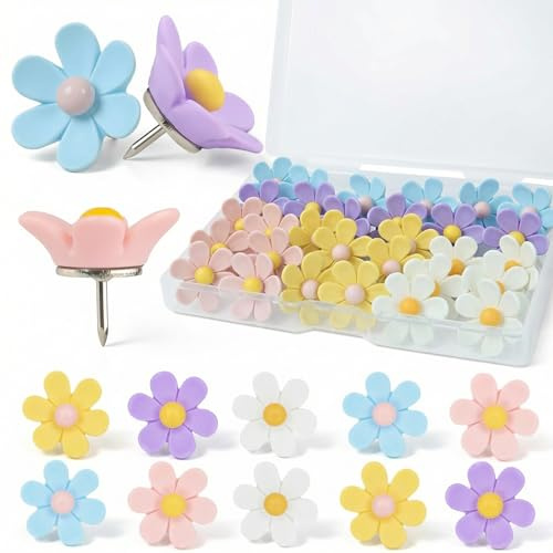 50 Stück Pinnwand Pinnadeln Blumen Reißzwecken Heftzwecken, Schön Reißnägel Bunt Nadeln für Pinwand Korktafel Büro Kinderzimmer