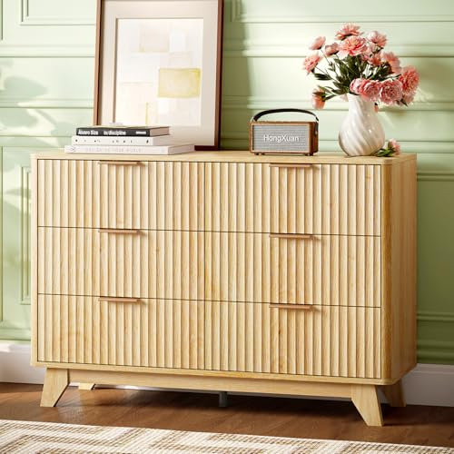 Bonnlo Kommode mit 6 Schubladen, Schubladenschrank mit geriffelten Türen, Sideboard für Schlafzimmer, Wohnzimmer, modern, Eiche (110x35x75cm)