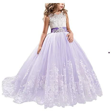 NNJXD Girls Lace Tulle Embroidered Princess Prom Ball Gown Formal Party Long Tail Dresses Size (150) 10-11 Years 406 Purple-A