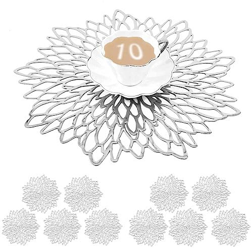 Mangata Silver Placemats and Coaster Set of 10, Round PVC Table Place Mat | Silver Circle Placemats Coasters 38cm, Christmas Wedding Dinner Party , Restaurant, Hotel, Table Decoration, Wipe Clean Vinyl