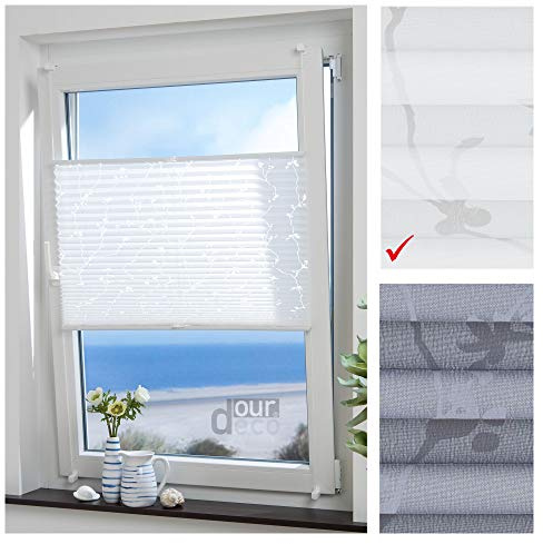 ourdeco® Plissee mit Blumenmotiv; 50x130 B x H in cm; Farbe: weiß bedrucktes Blumenmotiv Ranke; lichtdurchlässig, Blickdicht; Klemmen, Montage ohne Bohren, Klemmfix-Plissee, Easy-to-fix