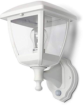 Kwazar Luminaire Außenwandlampe Rustikale Außenwandleuchte E27 max. 15W Eingangslampe mit Bewegungsmelder KREDO.S Weiß IP44 Lampe