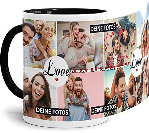 Tasse mit Spruch Love zum SELBSTGESTALTEN mit Foto-Collage für 8 WUNSCHFOTOS - Fototasse personalisiert - Persönliche Geschenkidee für Freunde und Familie - Innen & Henkel Schwarz
