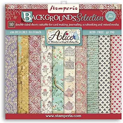 Stamperia International SBBS46 Pad-Double Sided Sheets-Backgrounds Selection Mini-Scrapbooking-Block, doppelseitige Blätter, Hintergrundauswahl, Alice, verschieden, 8 x 8 inches