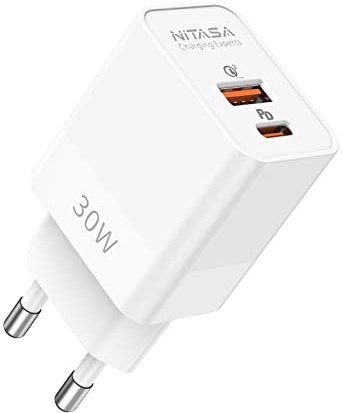 USB C Laddare 30W,NITASA PD&QC GAN 2 Port Laddare väggladdare Charger,USB-C strömadapter Snabbladdare for iPhone 15/16/17 Pro Max,iPad,Samsung (25W) S24/S25,Google Pixel 10/10a/9/9 Pro 9a