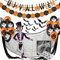 Jonami Decoracion Halloween Casa XXL, Decoraciónes Fiesta de Miedo - Banderas Banderinas, Murciélagos, Guirnalda Calabaza, Globos, Tela De Araña, Paño Negro Espeluznante y Esqueleto Articulado