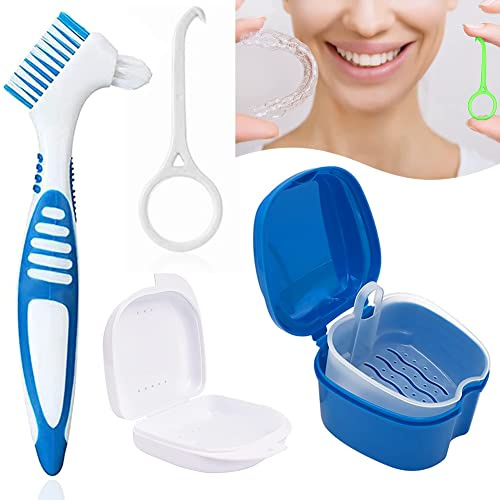 Prothesenbürste Set, Prothesen Bade Box, Zahnspangenreiniger, zahnspangen reinigungsdose Aufbewahrungsbox, Zahnprothesendose, für Zahnspangen oder Zahnersatz reinigen und aufbewahren für Reise, Blau