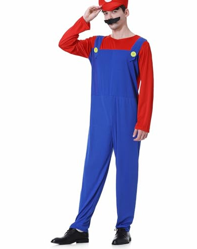 FancQzreal Cosplay Kostüm, Super Brothers, Halloween Carnival mit Bodysuit, Hut und Schnurrbart Cosplay Kostüm für Herren Damen Junge Mädchen, Herren Rot, S