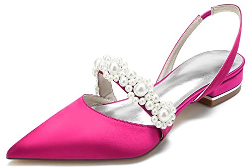 MERYAL Donne Raso Slingback Appartamenti da sposa per sposa Punta a punta Ballerine con perle Punta chiusa Abito da sposa Décolleté, Fucsia, 41 EU