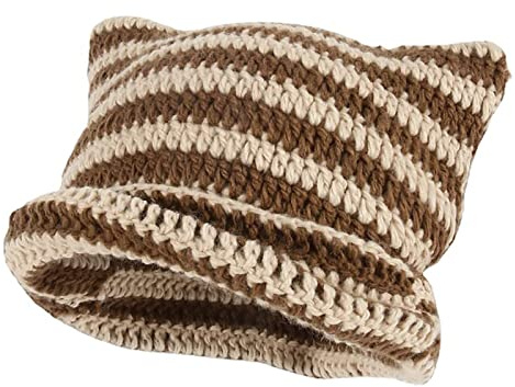 SINSEN Damen-Strickmütze mit Ohren, gestrickt, warm, elastisch, für Mädchen, Erwachsene, Kinder, braun, Einheitsgröße